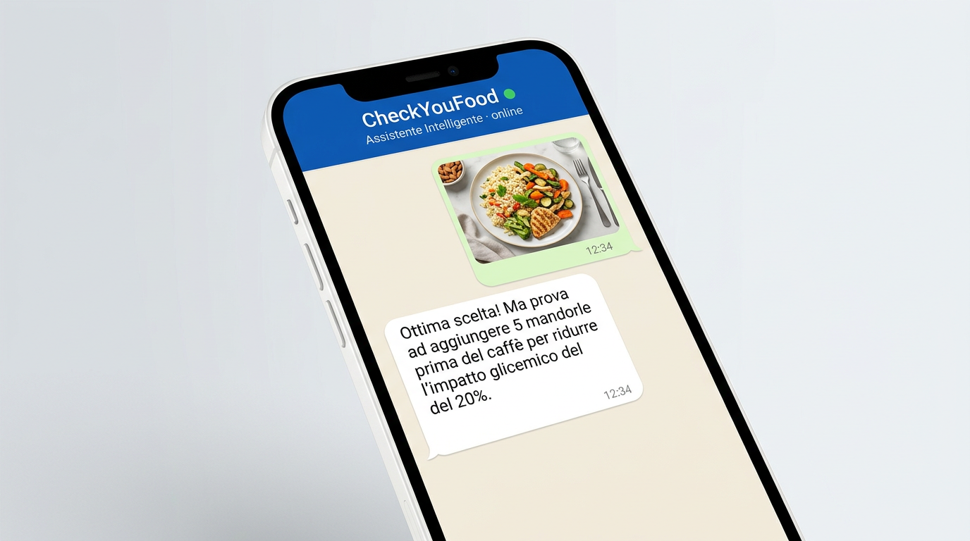 Mockup chat: foto del pasto inviata e risposta dell'Assistente Intelligente CheckYouFood con consiglio sulle mandorle e l'impatto glicemico